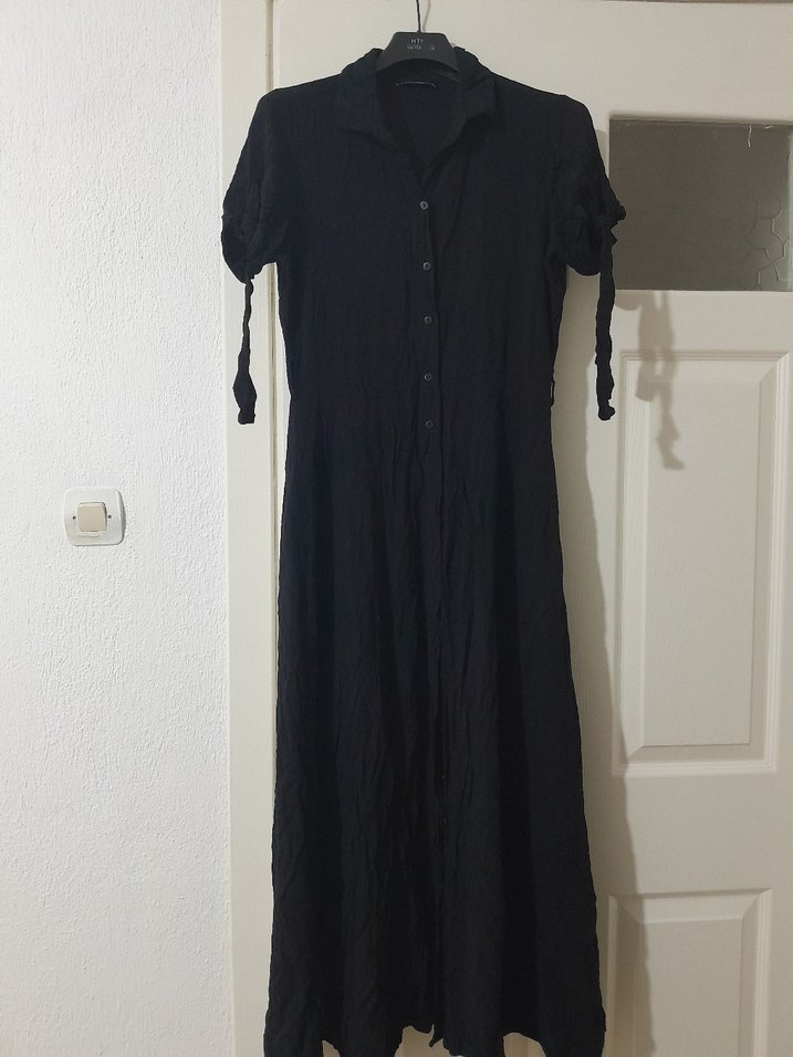 Düğmeli Siyah Uzun  Elbise - Görsel 2