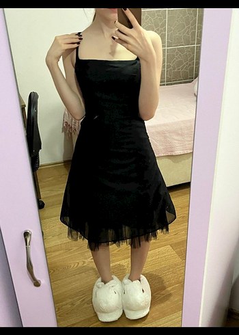 Siyah Askılı Tüllü Gotik Midi Elbise - Görsel 2