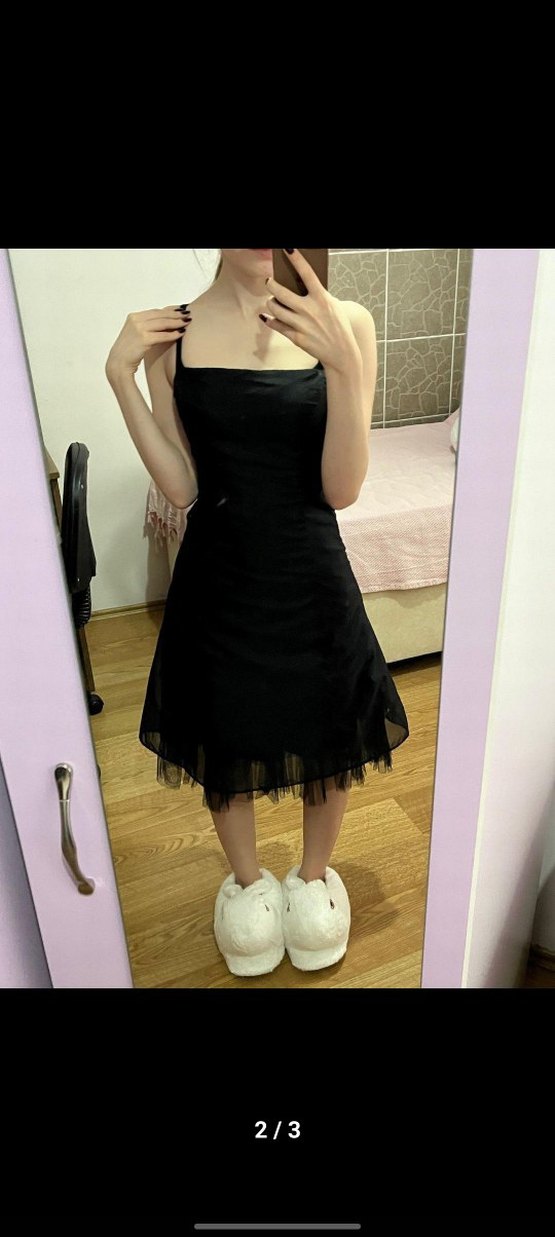 Siyah Askılı Tüllü Gotik Midi Elbise - Görsel 2