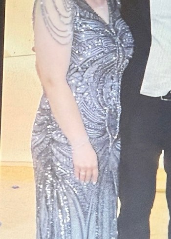 İnci İşlemeli V Yaka Uzun Abiye Elbise - Görsel 2