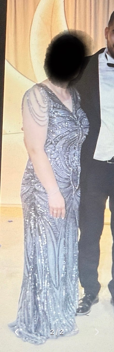 İnci İşlemeli V Yaka Uzun Abiye Elbise - Görsel 2