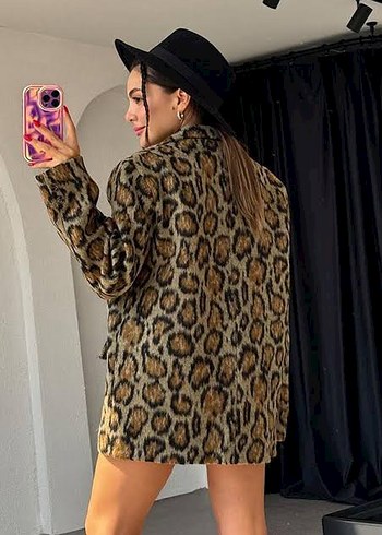 38 Beden kahverengi Renk Leopar Desenli Kahverengi Kadın Blazer Ceket