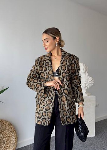 38 Beden Leopar Desenli Kahverengi Kadın Blazer Ceket