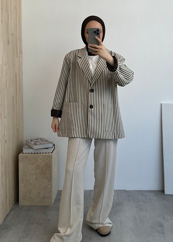 universal Beden camel Renk Bej Çizgili Kadın Midi Blazer Ceket