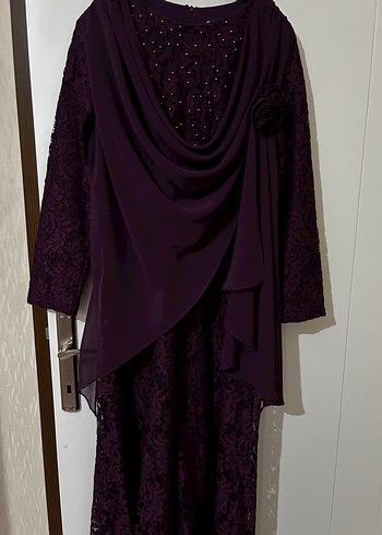 Drapeli Mor Uzun Kollu Kadın Abiye Elbise - Görsel 3
