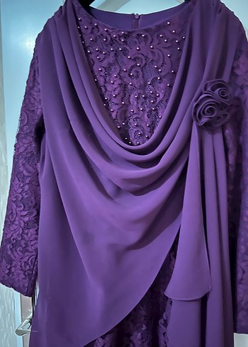 Drapeli Mor Uzun Kollu Kadın Abiye Elbise - Görsel 2