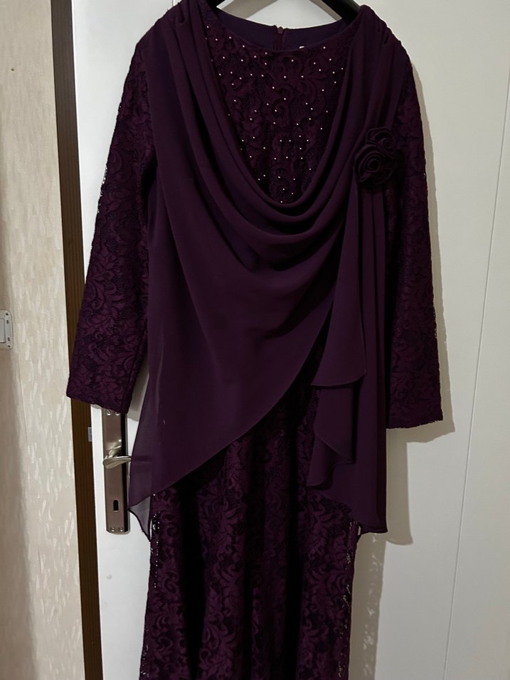 Drapeli Mor Uzun Kollu Kadın Abiye Elbise - Görsel 4