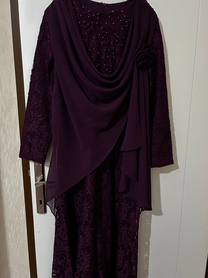 Drapeli Mor Uzun Kollu Kadın Abiye Elbise - Görsel 3