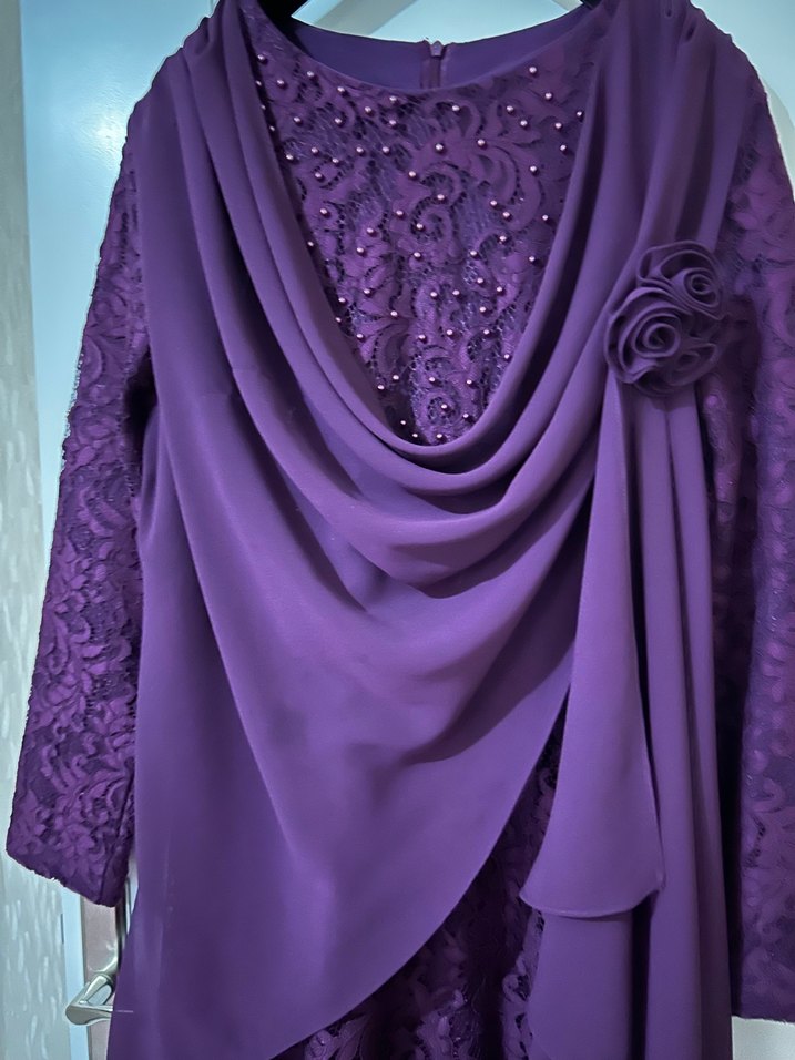 Drapeli Mor Uzun Kollu Kadın Abiye Elbise - Görsel 2