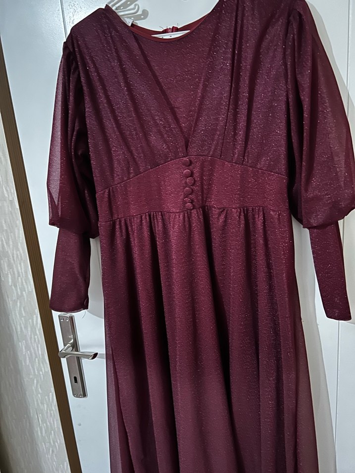 Bordo Düğmeli Uzun Kollu Kadın Elbise - Görsel 3