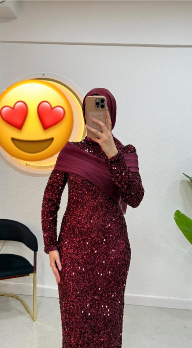 Bordo Uzun Kollu Drapeli Abiye Elbise - Görsel 2