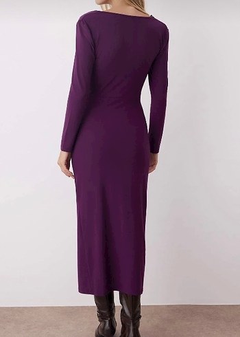 Uzun Mor Drapeli Süet Kalem Elbise - Görsel 4