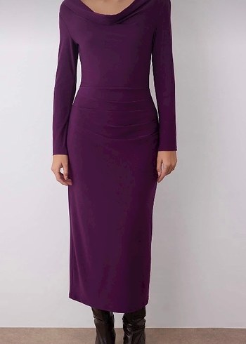 Uzun Mor Drapeli Süet Kalem Elbise - Görsel 3