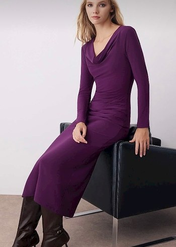 Uzun Mor Drapeli Süet Kalem Elbise - Görsel 2