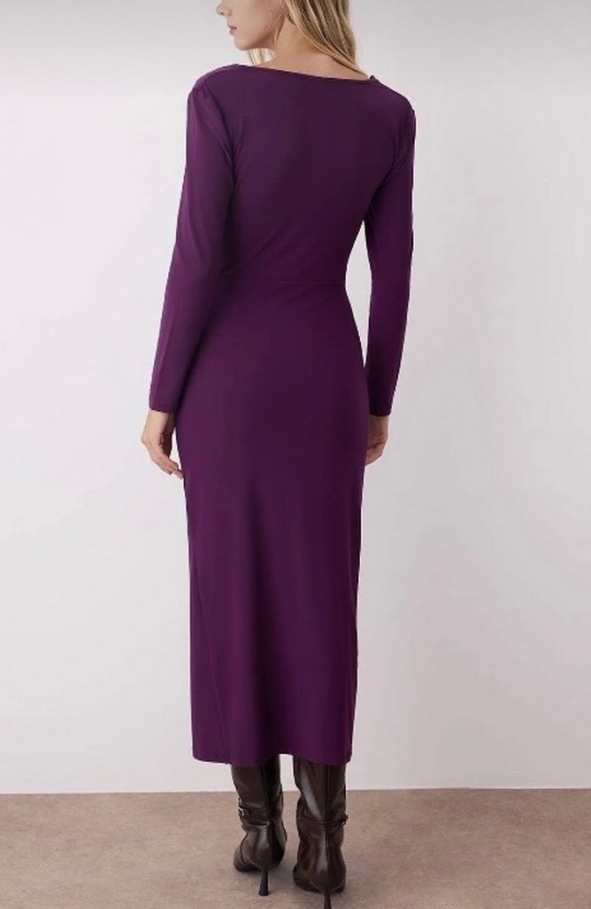 Uzun Mor Drapeli Süet Kalem Elbise - Görsel 4