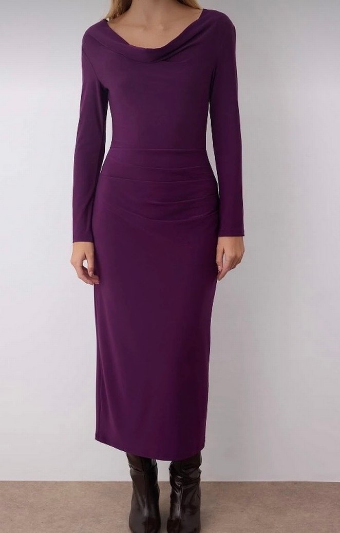 Uzun Mor Drapeli Süet Kalem Elbise - Görsel 3