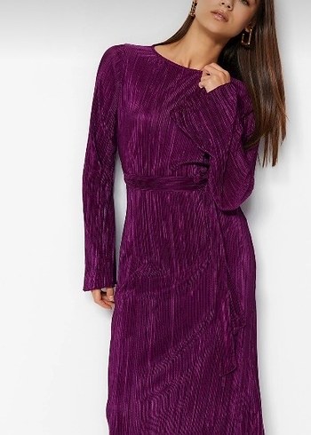 Parlak Mor Pilili Uzun Kollu Kadın Elbise - Görsel 5