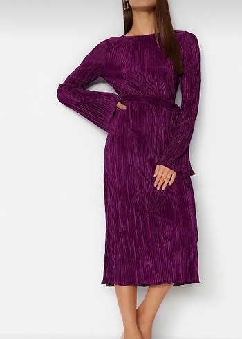 Parlak Mor Pilili Uzun Kollu Kadın Elbise - Görsel 2