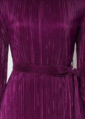 Parlak Mor Pilili Uzun Kollu Kadın Elbise - Görsel 3