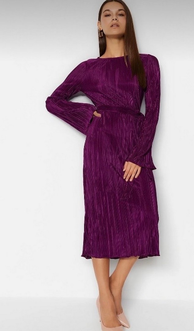 Parlak Mor Pilili Uzun Kollu Kadın Elbise - Görsel 2
