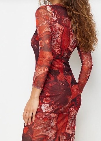 Bordo Bağlama Desenli Uzun Kollu Elbise - Görsel 3