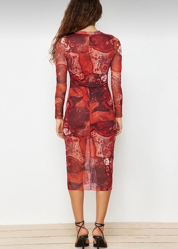 Bordo Bağlama Desenli Uzun Kollu Elbise - Görsel 6