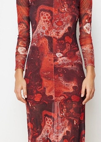 Bordo Bağlama Desenli Uzun Kollu Elbise - Görsel 4