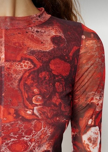 Bordo Bağlama Desenli Uzun Kollu Elbise - Görsel 5