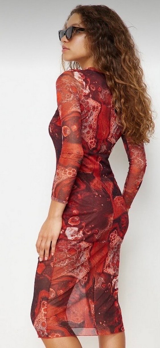 Bordo Bağlama Desenli Uzun Kollu Elbise - Görsel 3