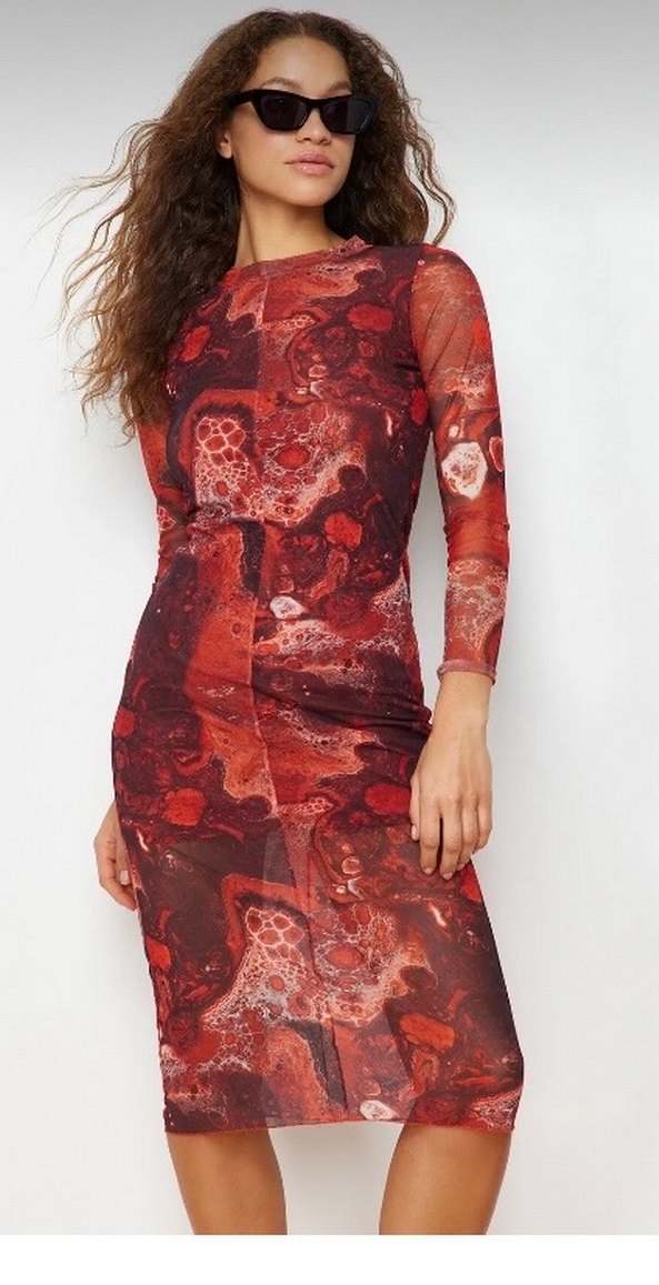 Bordo Bağlama Desenli Uzun Kollu Elbise - Görsel 2