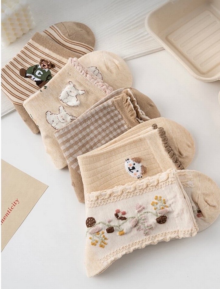 Kız Çocuk Nakışlı Bej Pamuklu Çorap Seti - Görsel 2