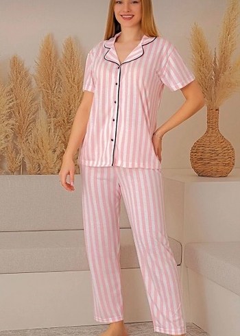 Pembe Çizgili Kısa Kollu Kadın Pijama Takımı - Görsel 2