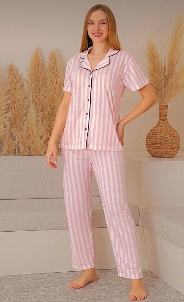 Pembe Çizgili Kısa Kollu Kadın Pijama Takımı - Görsel 2