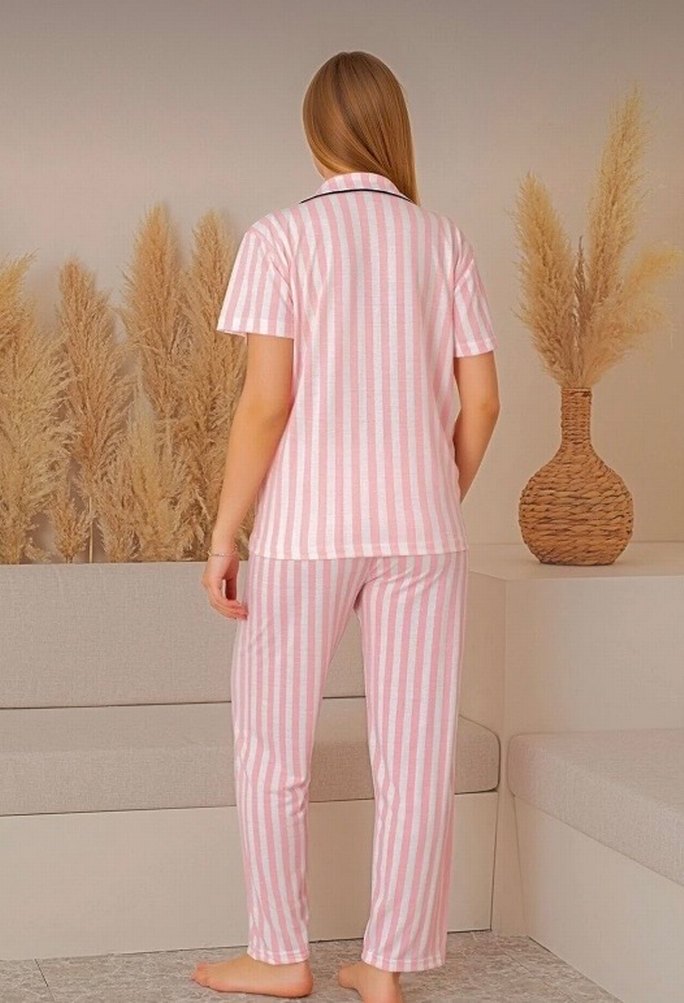 Pembe Çizgili Kısa Kollu Kadın Pijama Takımı - Görsel 3