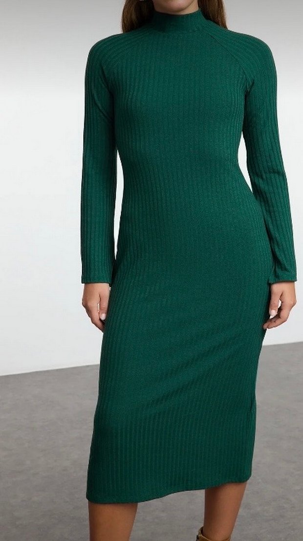 Yeşil Uzun Kollu Triko Kadın Elbise - Görsel 3