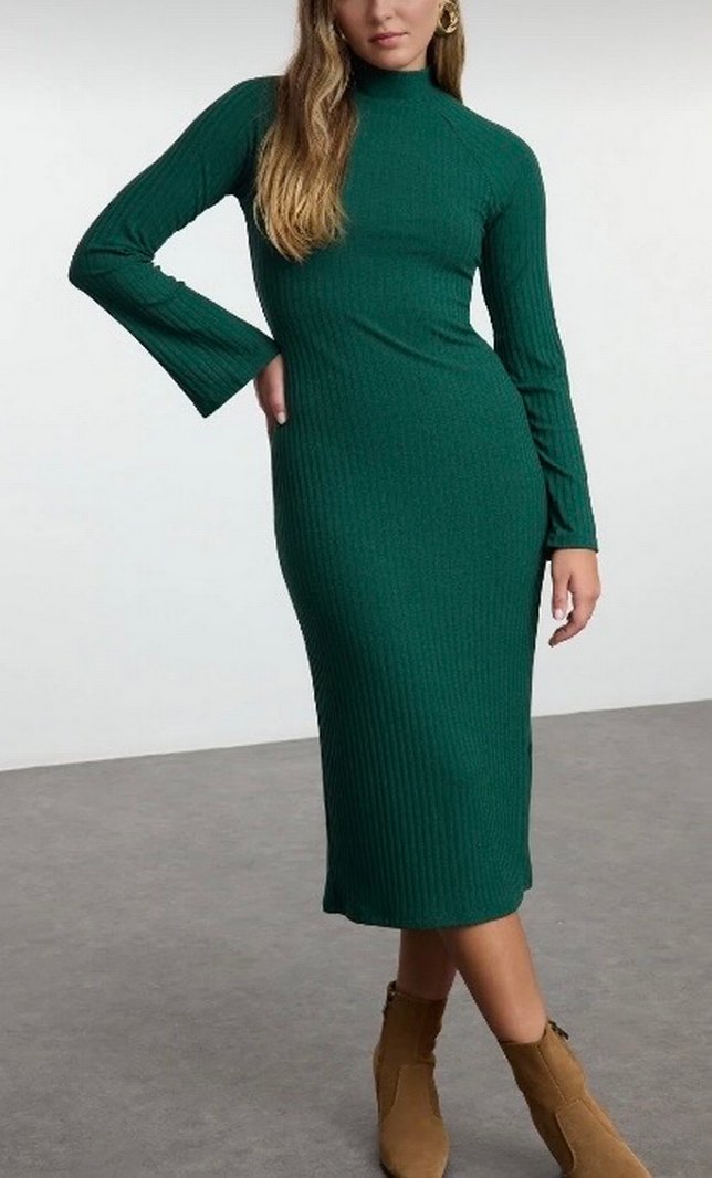 Yeşil Uzun Kollu Triko Kadın Elbise - Görsel 2