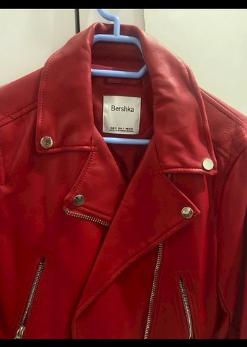 Kırmızı Kemerli Biker Deri Ceket - Görsel 3