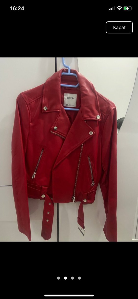 Kırmızı Kemerli Biker Deri Ceket - Görsel 2