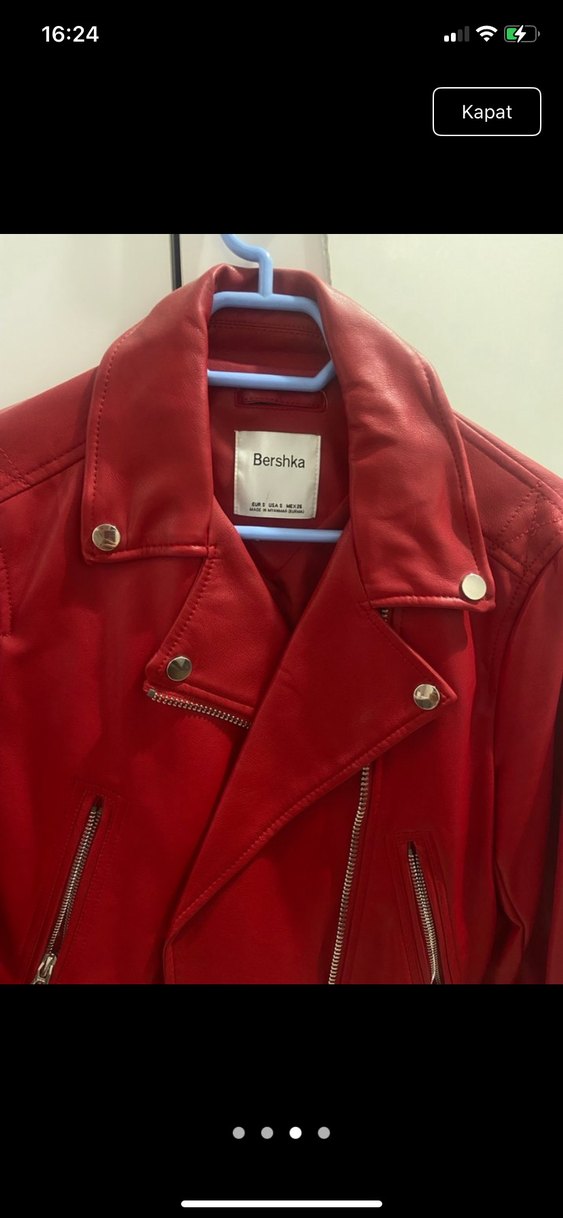 Kırmızı Kemerli Biker Deri Ceket - Görsel 3