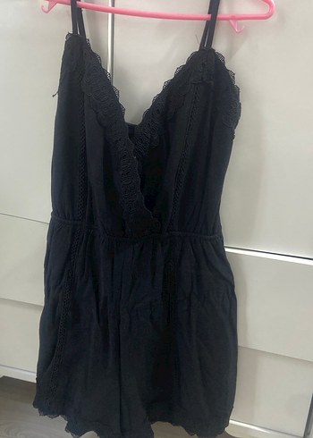 Dantel Detaylı Siyah V Yaka Kadın Tulum - Görsel 4