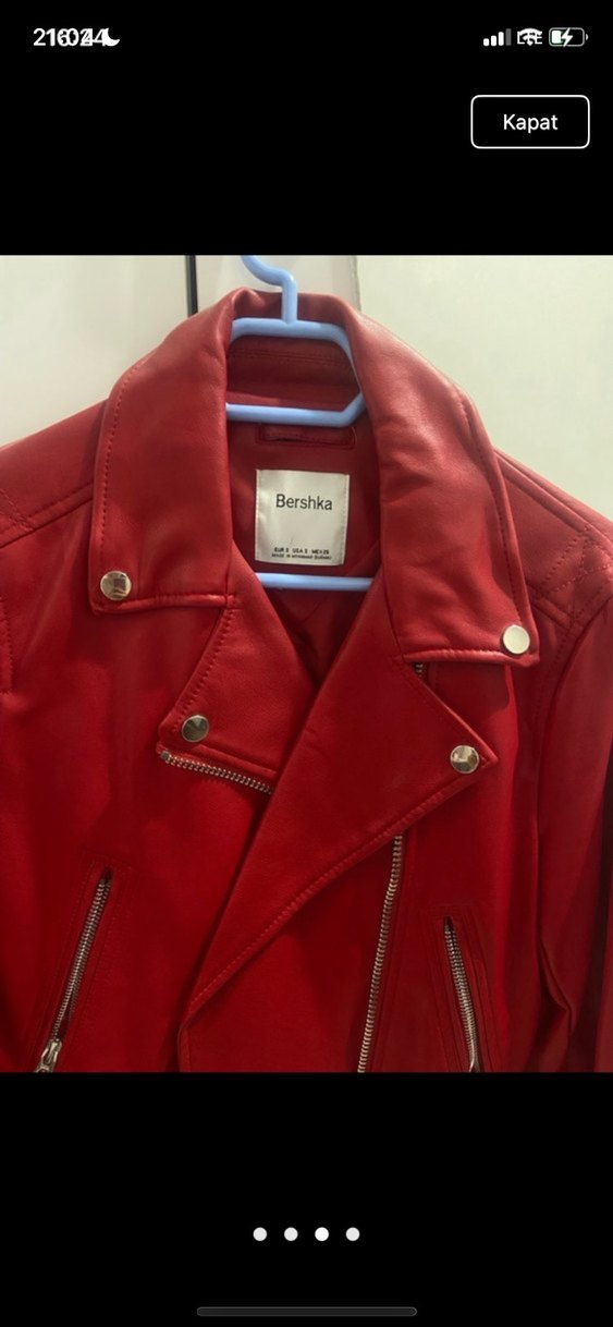 Kemerli Kırmızı  Deri Biker Ceket BERSHKA - Görsel 3