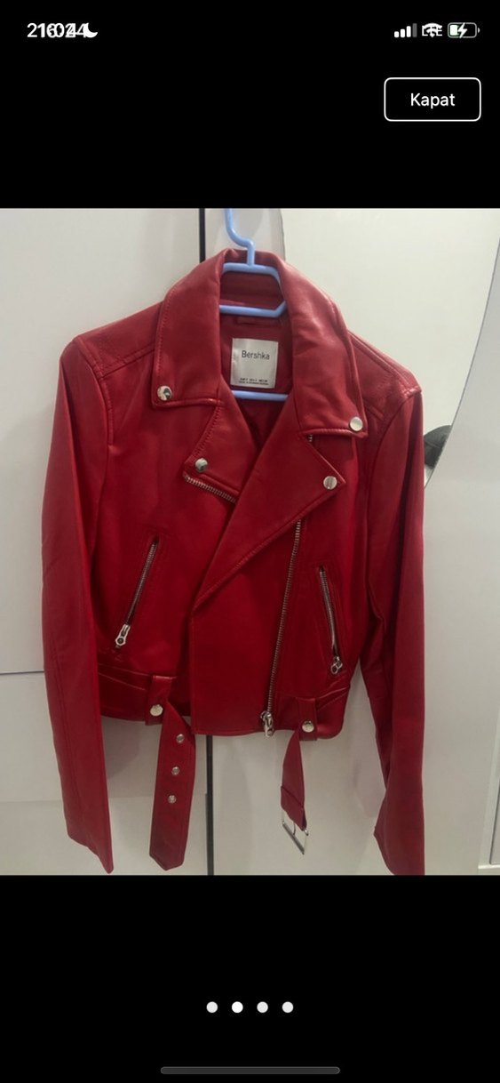 Kemerli Kırmızı  Deri Biker Ceket BERSHKA - Görsel 2