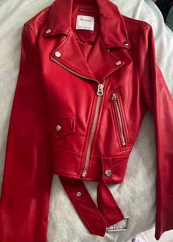 Kırmızı Kadın Deri Biker Ceket - Görsel 2