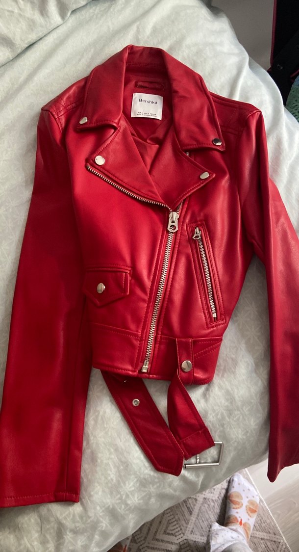 Kırmızı Kadın Deri Biker Ceket - Görsel 2