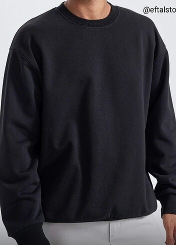 Oversize Fit Bisiklet Yaka Basic Pamuklu Sweatshirt Siyah
