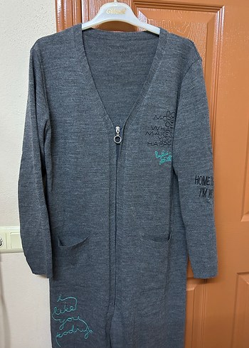 Uzun Gri Kadın Hırka Fermuarlı - Görsel 2