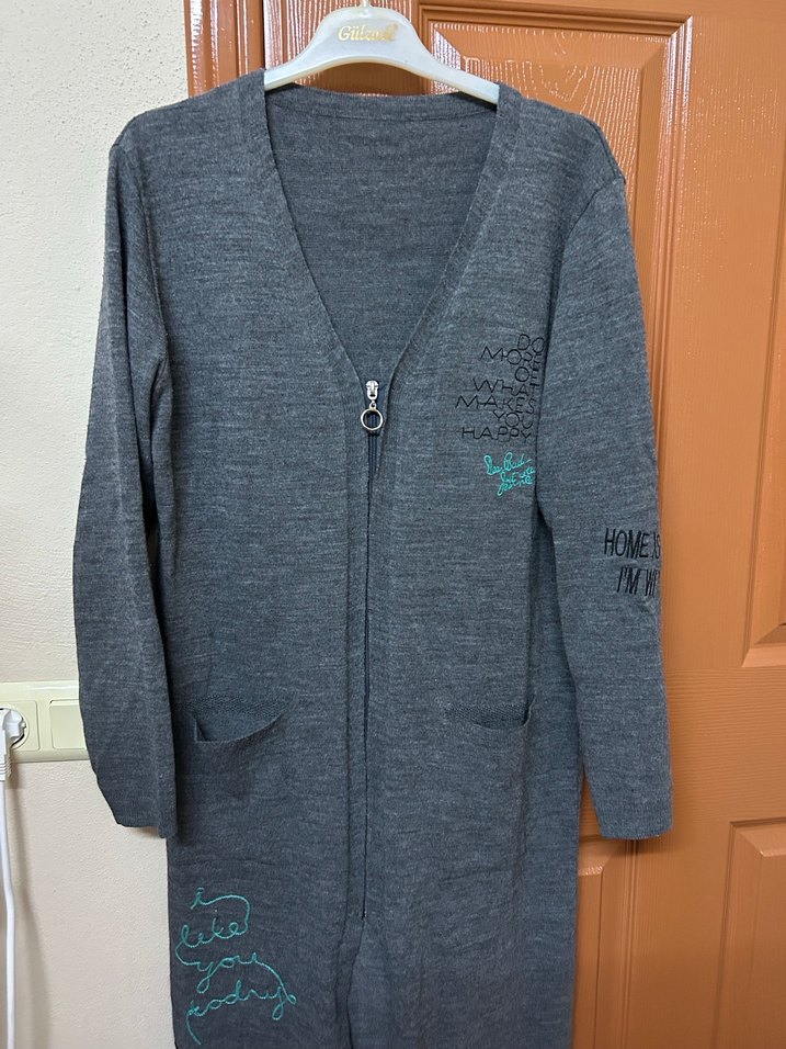 Uzun Gri Kadın Hırka Fermuarlı - Görsel 2