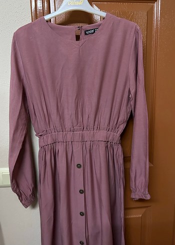 Düğmeli Uzun Kol Pembe elbise - Görsel 3