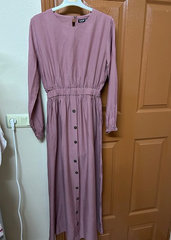 Düğmeli Uzun Kol Pembe elbise - Görsel 2