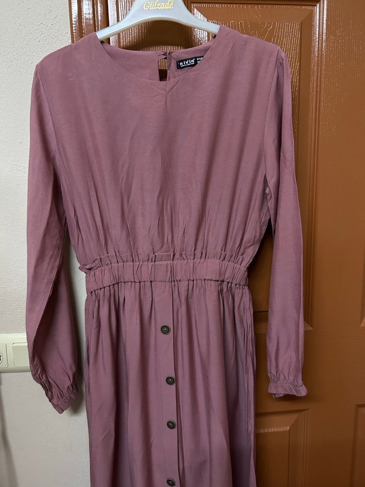 Düğmeli Uzun Kol Pembe elbise - Görsel 3